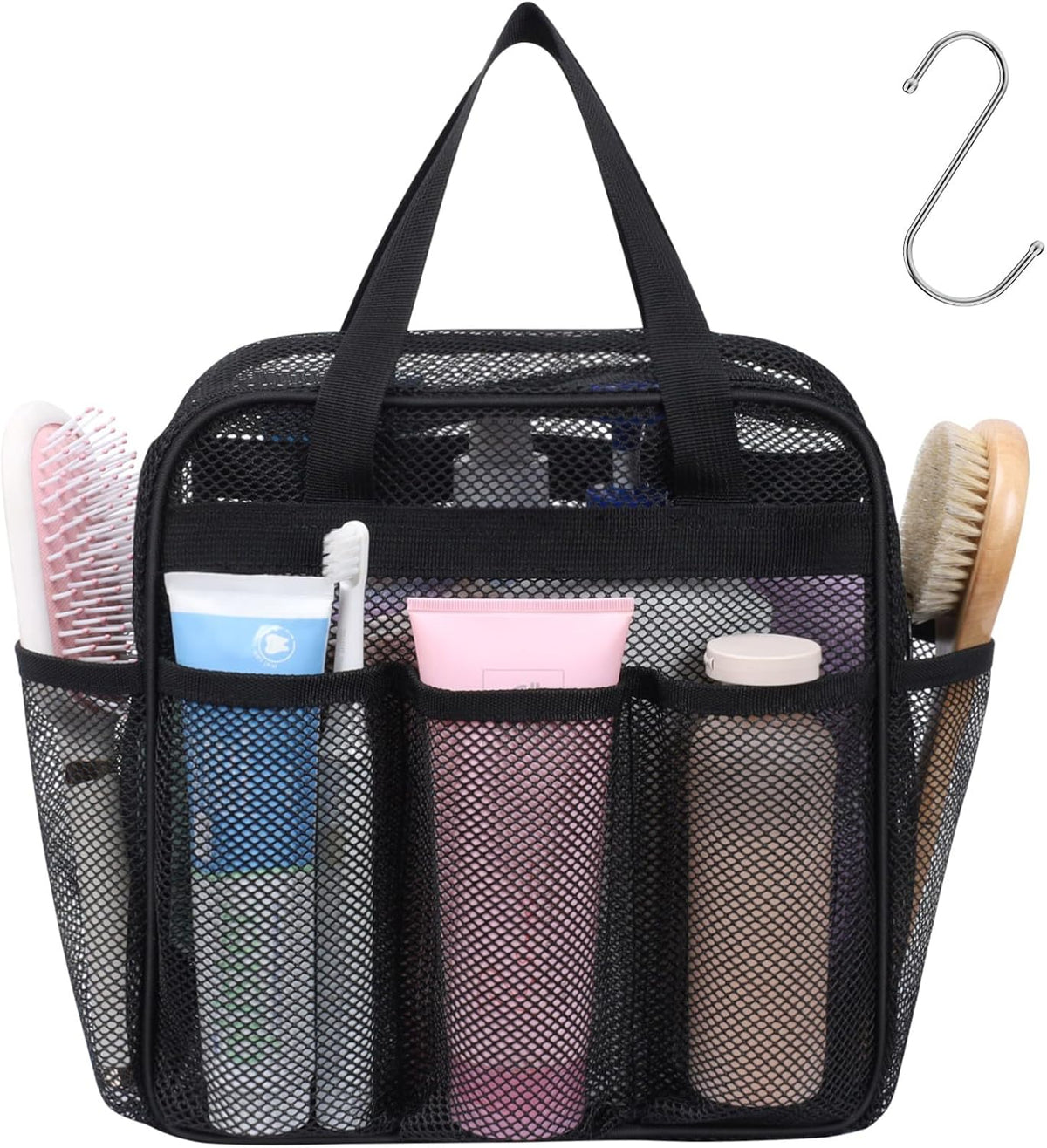 Mesh Shower Caddy Portable - 8 Pockets, S-Hook, Shower Bag for Dorm Camping