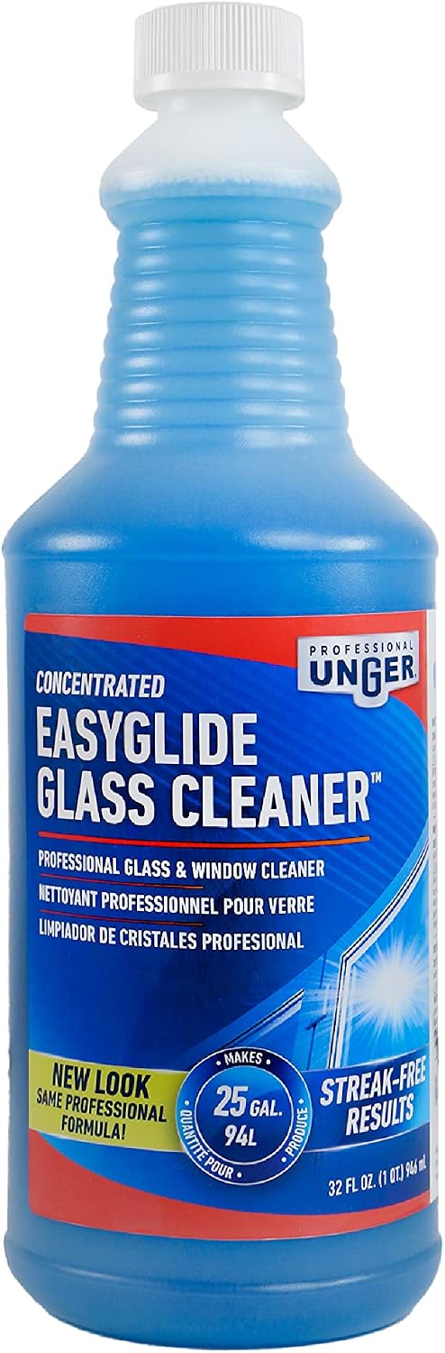 Unger Professional Streak-Free EasyGlide Glass Cleaner Concentrate, 32 oz – Ammonia-Free, Makes 25 Gallons of Solution , Safe for Tinted Windows, LOW-E Glass, Windshields & Mirrors
