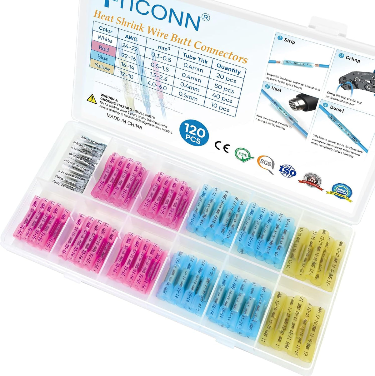 TICONN 100PCS Heat Shrink Butt Connectors, Crimp Wire Connectors Kit