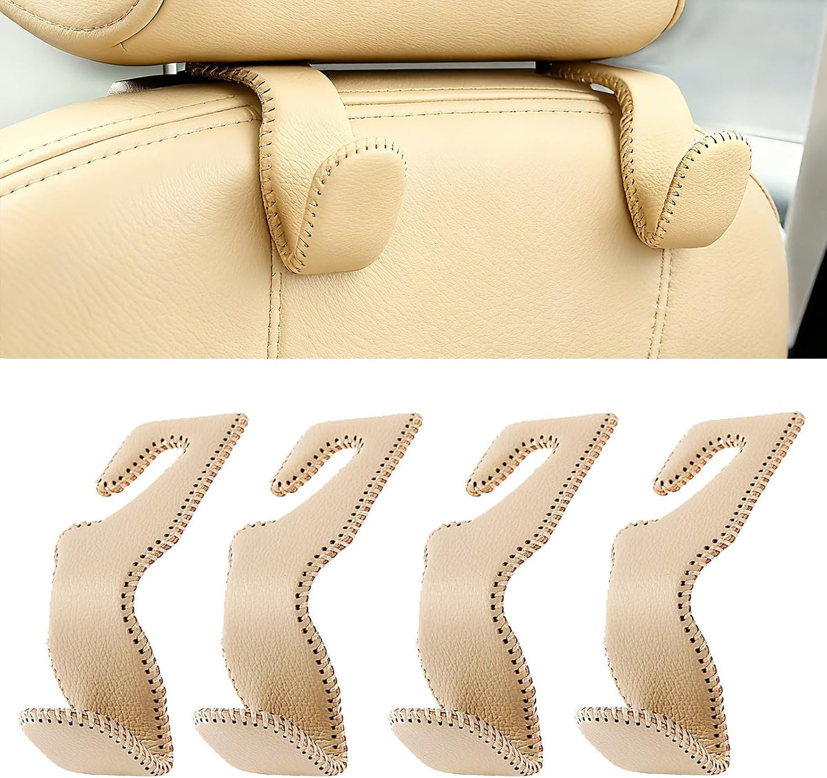 Headrest Hooks for Car, Back Seat Organizer Black Leather Hanger Holder Hook, for Hanging Purses and Bags and Coats, Pack of 2