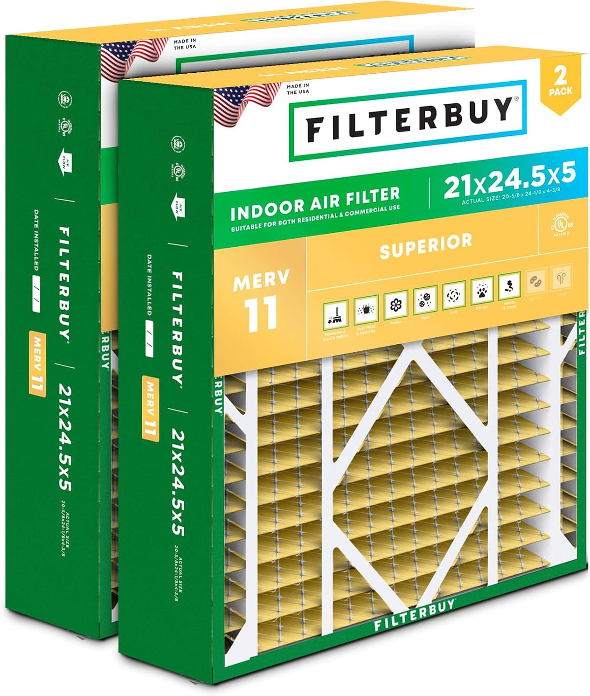 Filterbuy 20x25x5 Air Filter MERV 11 Pet & Allergy Defense (2-Pack)