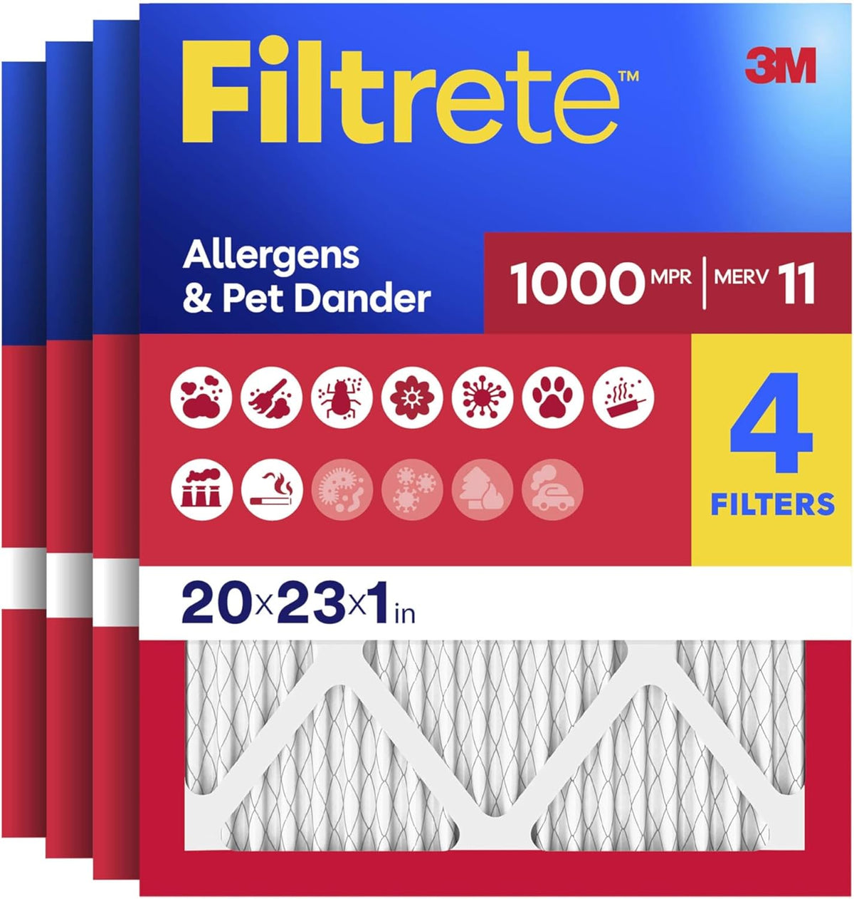 Filtrete 16x25x1 Air Filter, MERV 11, MPR 1000, Allergens & Pet Dander, 3-Month AC and Furnace Filters, Cleaner Air, Reliable Airflow, 4 HVAC Filters (Actual Size 15.68 x 24.68 x 0.81 in)