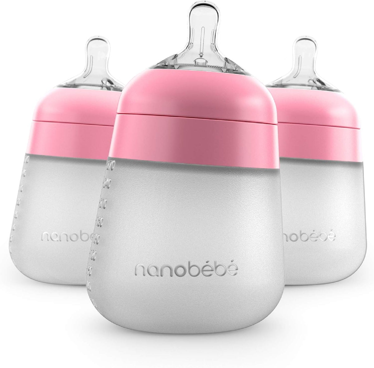 Nanobebe Flexy Silicone Baby Bottle, Anti-Colic, Natural Feel, Non-Collapsing Nipple, Non-Tip Stable Base, Easy to Clean, 3-Pack, White, 9oz