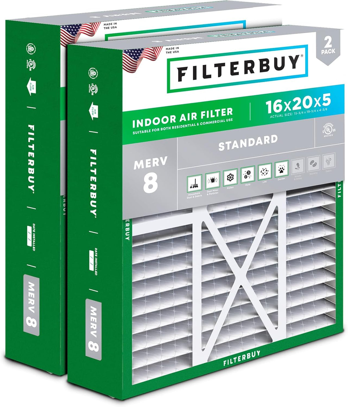 Filterbuy 20x25x5 Air Filter MERV 8 Dust & Allergy Defense (2-Pack)
