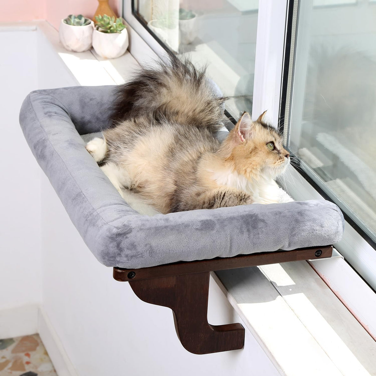 Zakkart Cat Perch for Windowsill with Bolsters (Natural Wood/Gray, L)
