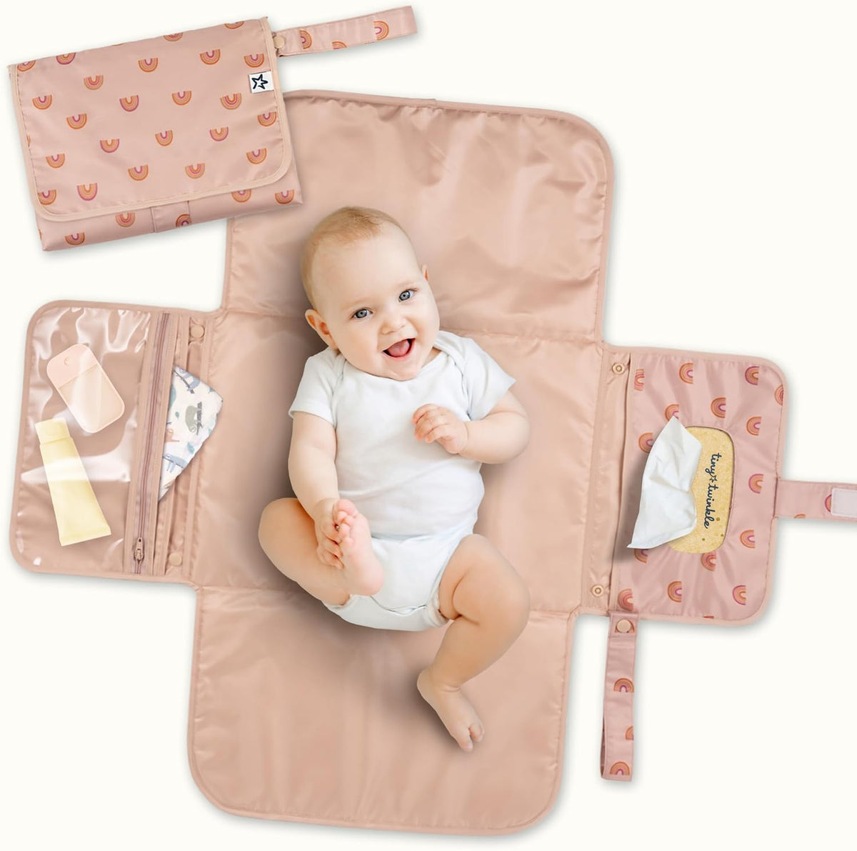 Tiny Twinkle Portable Diaper Changing Pad | Waterproof, Wipeable & Compact Baby Changing Pad for Travel | Smart Wipes Pocket & Organized Storage| Newborn Shower Gift (Sage Checkers)