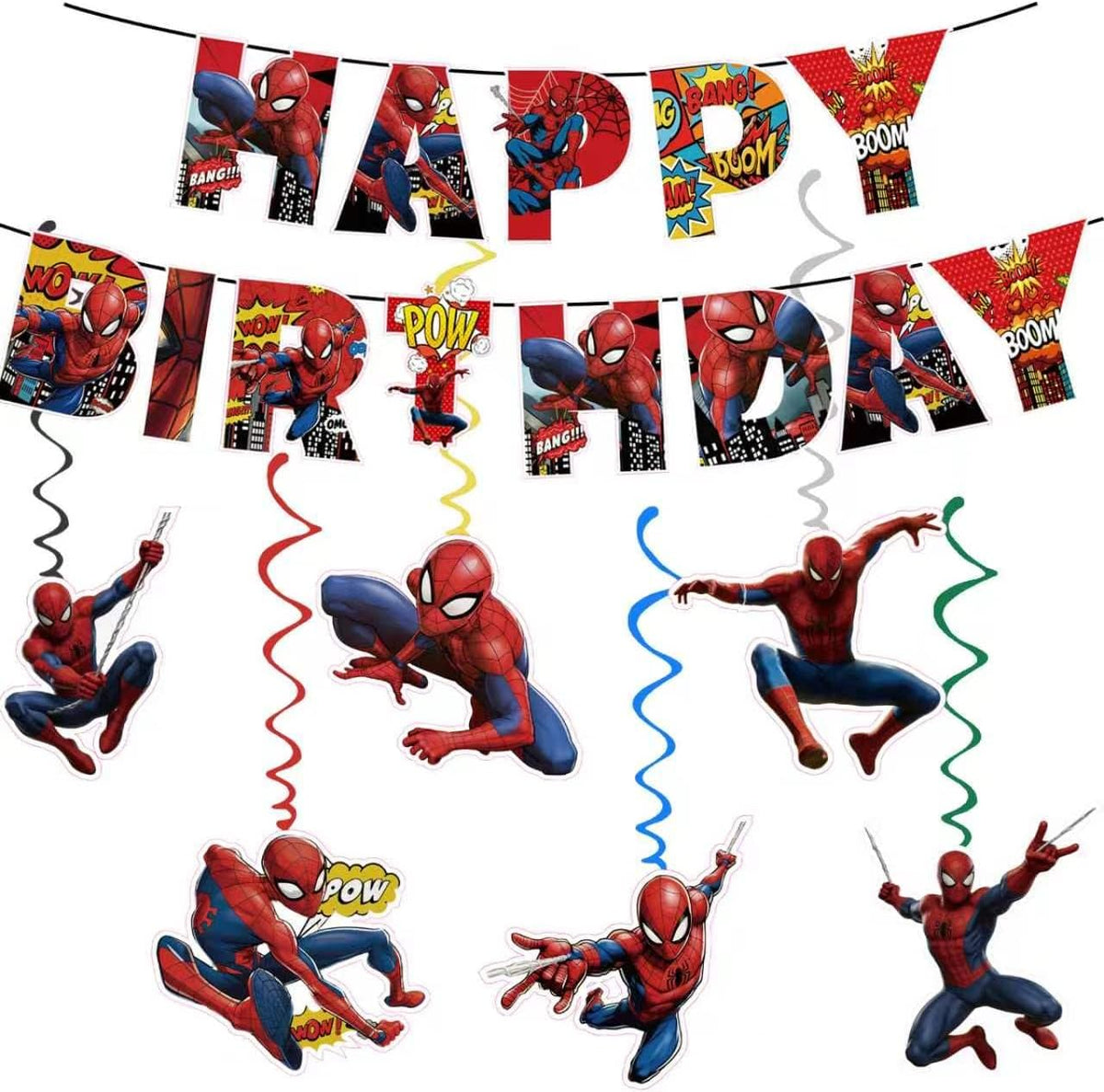 Spider Happy Birthday Banner, Party Decoration With 6 Vortex Decorative Pendants