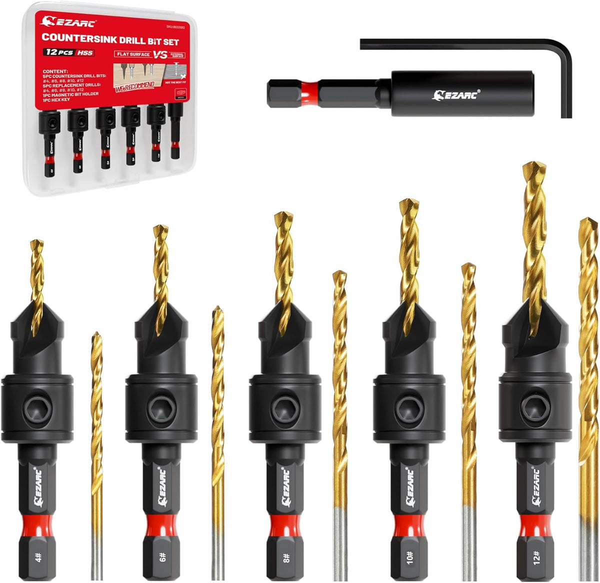 EZARC Countersink Drill Bit Set, 12PCS 2-Flute Adjustable Bits for Wood