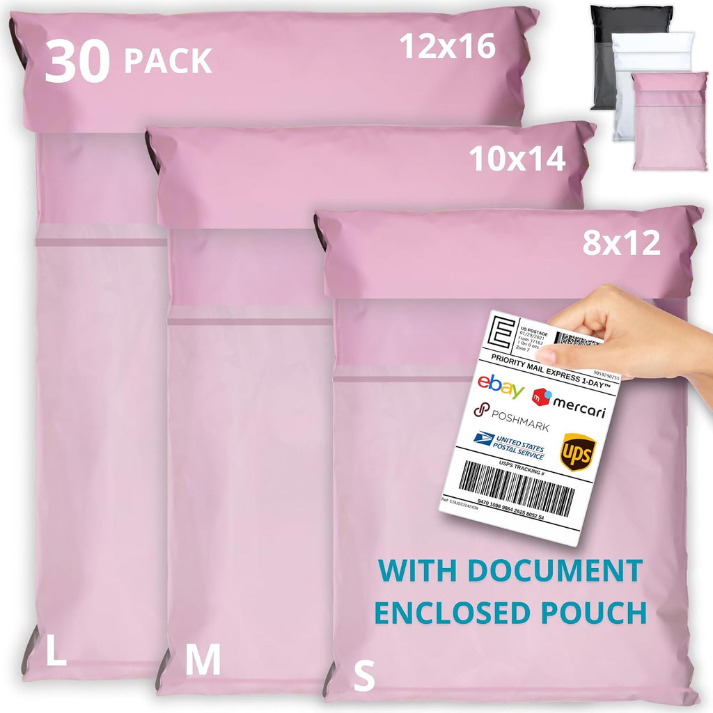 Shipping Bags (30 Pack) with Label Pouch - 8x12, 10x14 & 12x16 - Poly Mailers for Clothes, Self-Seal Plastic Mailing Envelopes - Tear & Water-Resistant Packaging Bags for Clothing, Not Padded