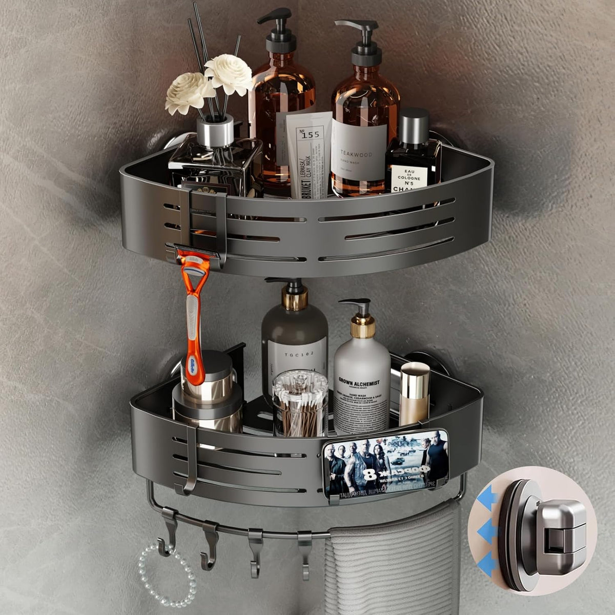 Voldra Shower Caddy Suction Cup, 2 Pack Shower Shelves for Inside Shower No Drilling, Aluminum Suction Showers Organizer with Towel Bar & Hooks Removable Bathroom Shelf Storage Rack(Gray)