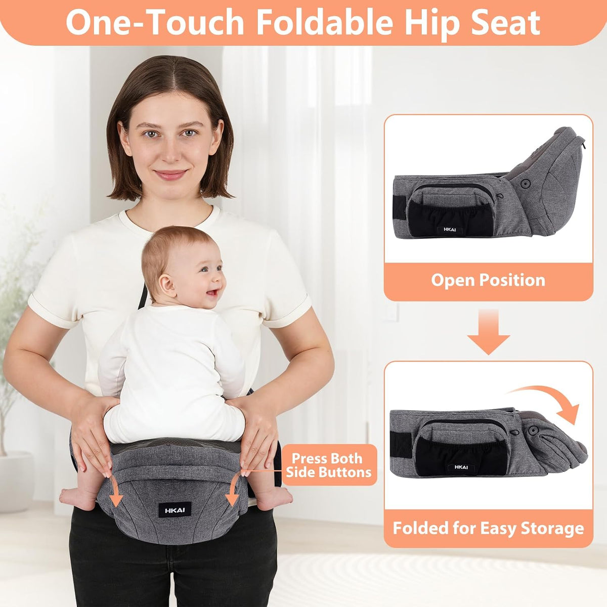 HKAI Baby Hip Carrier,Baby Carrier with Adjustable Waistband & Breathable Mesh, Ergonomic Carrier with Non-Slip Hip Seat Surface for Newborns & Toddlers (Grey)