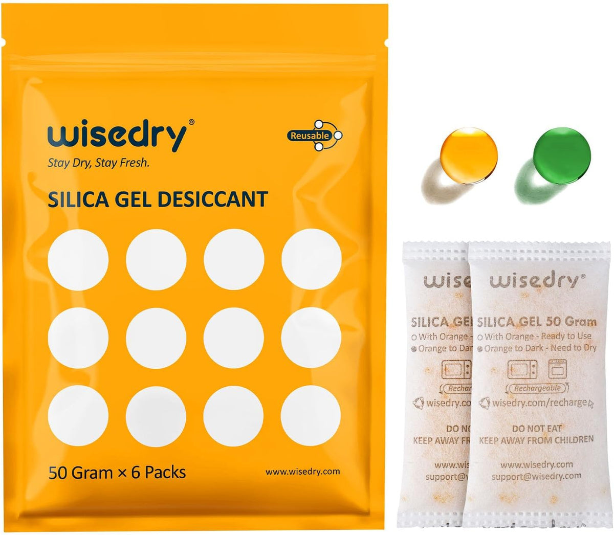 wisedry 2 x 500 Gram See-Through Silica Gel Packets, Color-Indicating Desiccant Packs for Storage, Reusable Gun Safe Dehumidifier, Rechargeable Car Dehumidifier Bag