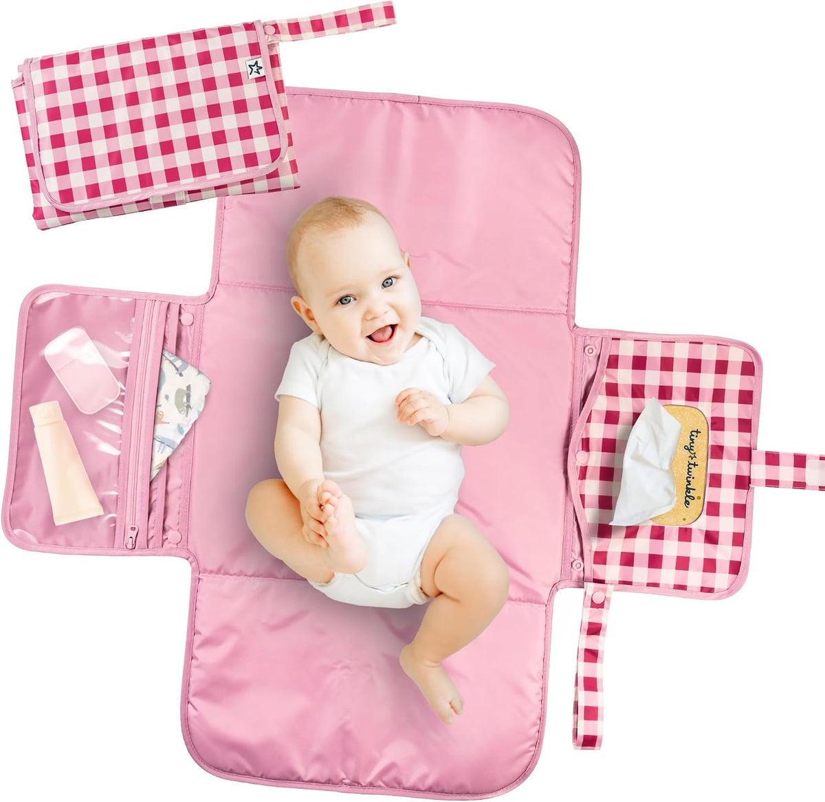 Tiny Twinkle Portable Diaper Changing Pad | Waterproof, Wipeable & Compact Baby Changing Pad for Travel | Smart Wipes Pocket & Organized Storage| Newborn Shower Gift (Sage Checkers)