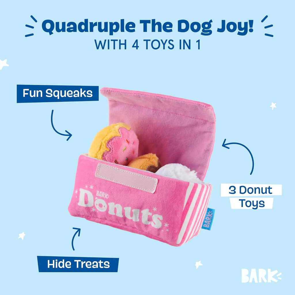BarkBox Barker's Dozen Donuts 4-in-1 Interactive Plush Dog Toy | Squeaky Dog Toys with Crinkle Box - For Small Dogs and Puppies