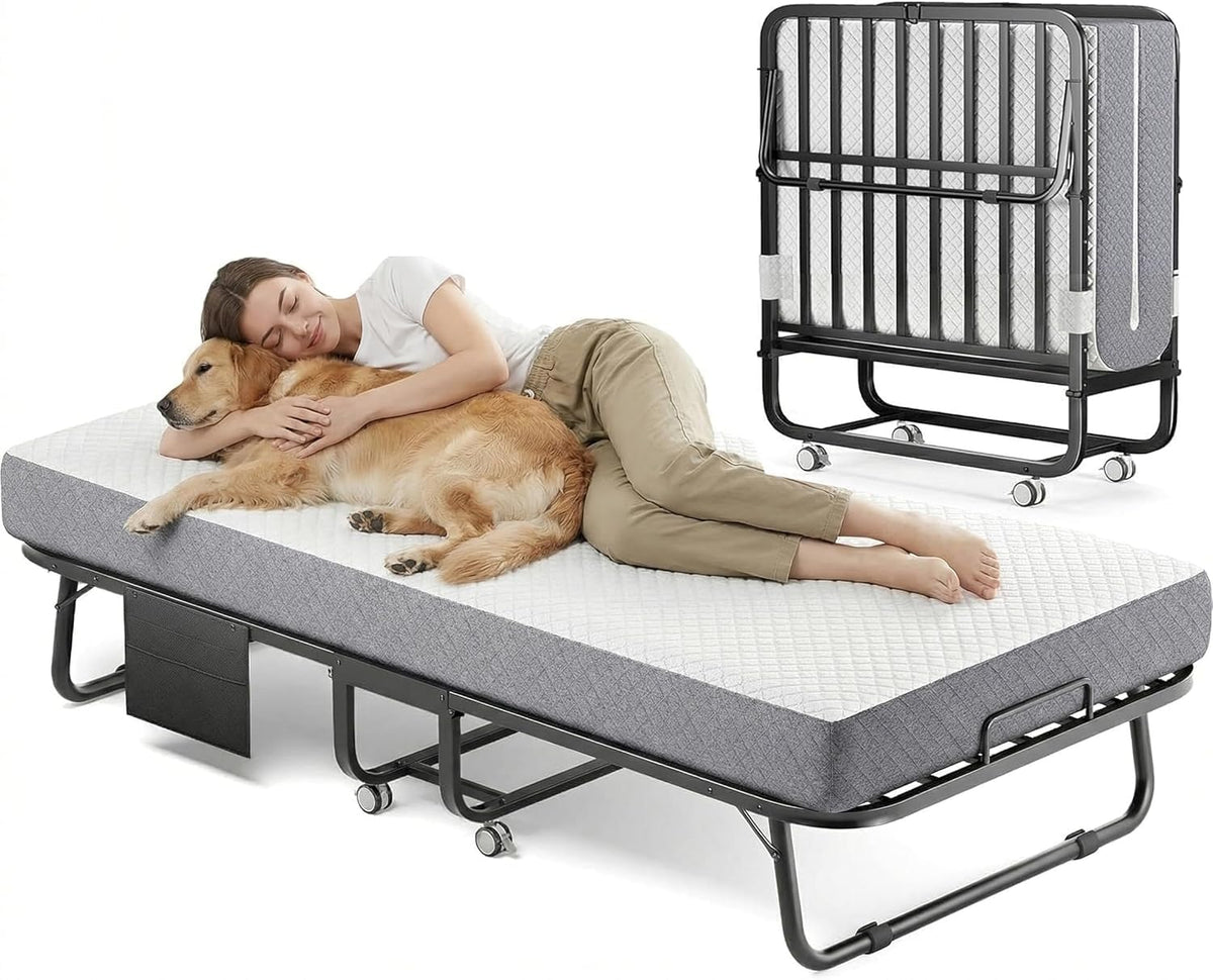 Decofy Folding Bed with Memory Foam Mattress Portable Rollaway Guest Beds on Wheels, 75"x31" Twin Size Space-Saving Cot-Size Bed for Adults with Easy Assembly Metal Frame (White)