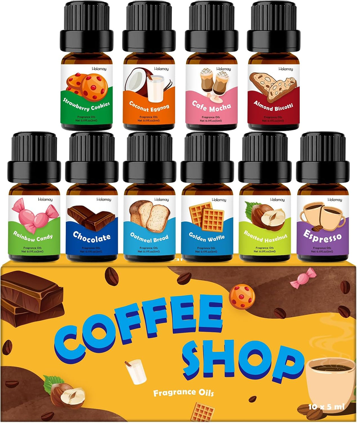 Fruity Fragrance Oil, Holamay Premium Fruit Essential Oils for Diffuser, Candle Soap Making Scents, 10x5ml, Coconut, Strawberry, Mango, Pineapple, More Home Diffusers Oil Scents, Summer Oils Gift Set