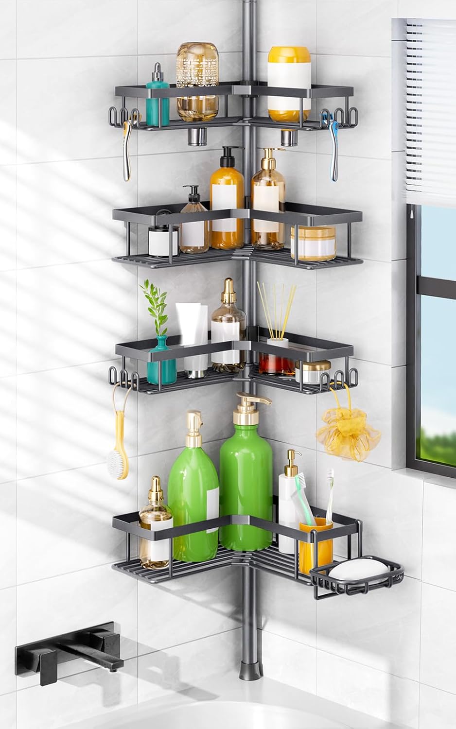 HAMITOR Shower Caddy Tension Pole: Corner Bathroom Organizer for Renters