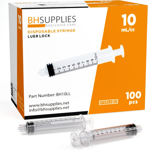 BH Supplies 10ml Luer Lock Tip Syringes (No Needle) - Sterile, Individually Wrapped - 100 Syringes