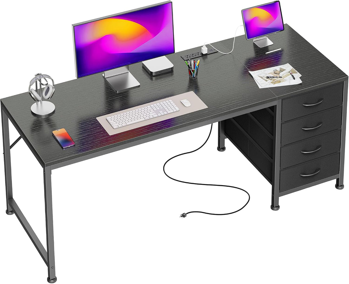 PRAISUN 55.1 Inch Computer Office Desk with Power Outelts and USB-C Port, Reversible Gaming Desk with 4 Fabric Drawers, Work Study Desk Work from Home, Rustic Brown