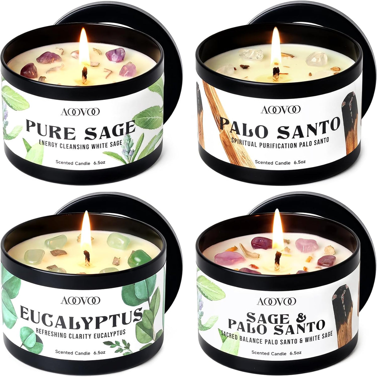 AOOVOO Sage Candle for Cleansing - 3 Wick 12oz Large Scented Candle with Crystals & Sage Leaves Inside, Soy Candles Non Toxic for Meditation Spiritual Gift, Aromatherapy Candle for Women Men