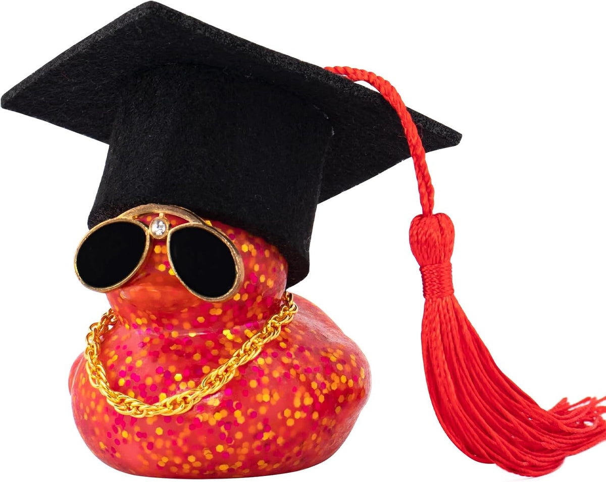 wonuu Car Dashboard Decor Graduation Hat Color Rubber Duck, Car Ducks Ornaments with Mini Graduation Hat Necklace Sunglasses (Gold)