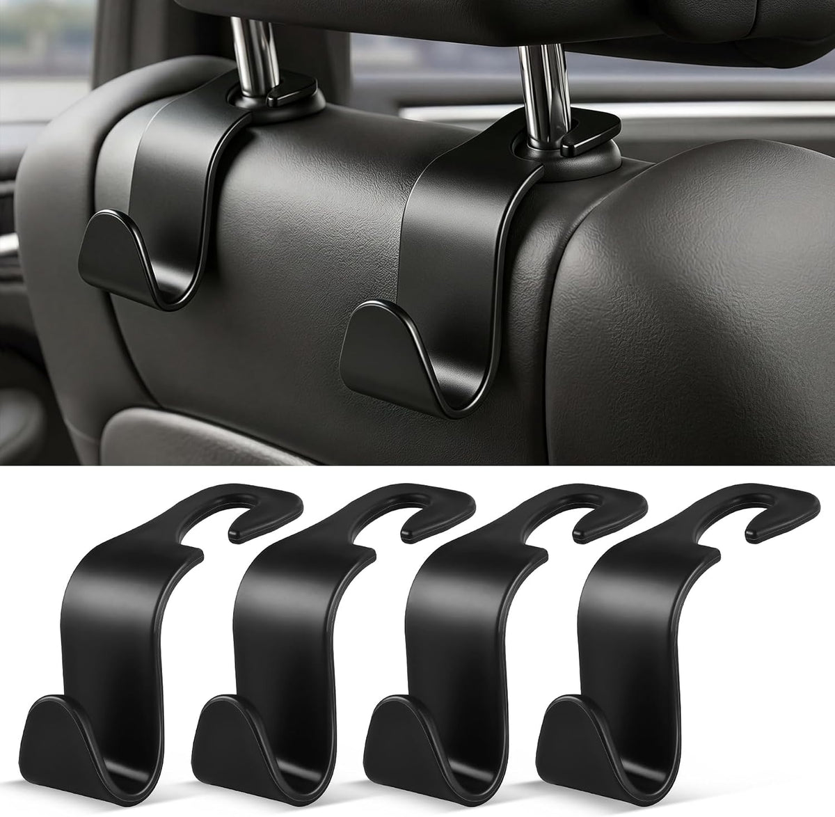 SINGARO Universal 4 Pack Car Seat Headrest Purse Hook, Carbon Fiber Back Seat Hook Storage Organizer Hanger for Purse Handbag Coat, Car Interior Accessories(Black)