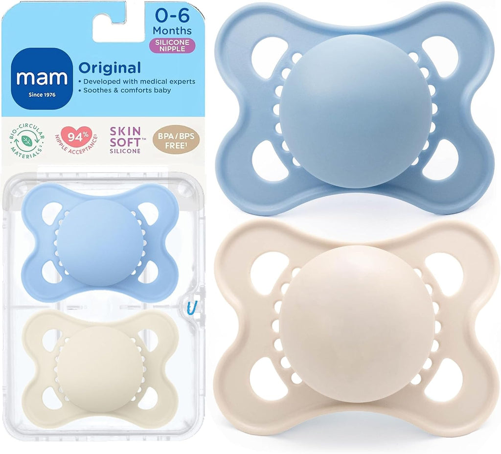 MAM Original Baby Pacifier 0-6 Mths, Skin Soft Silicone Nipple, 2 Pack