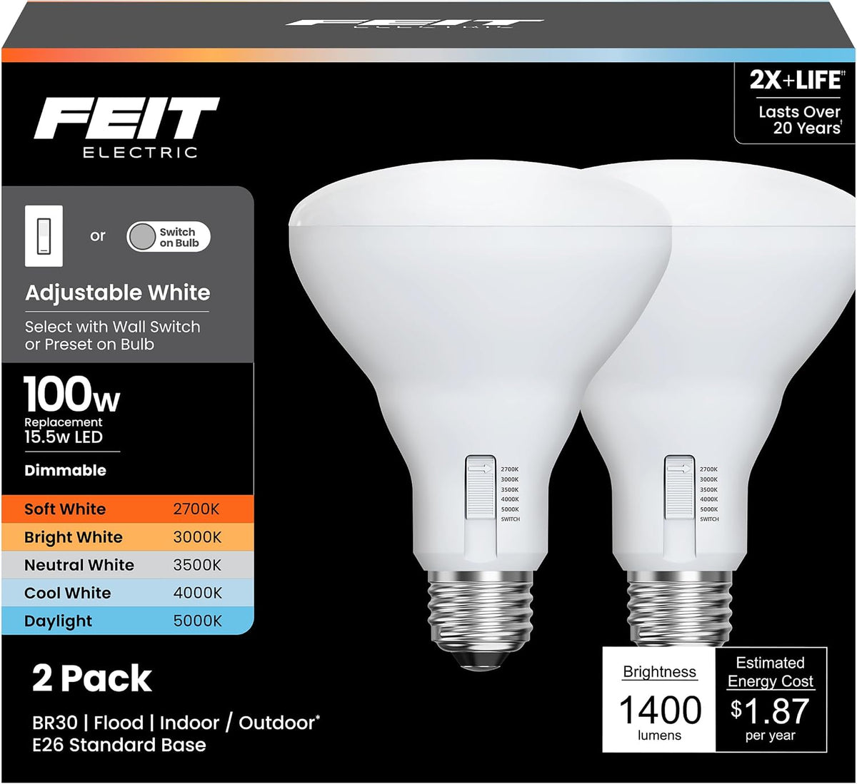 Feit Electric BR30 LED Light Bulbs, 65W Eq, Dimmable, 5CCT, 6 Pack