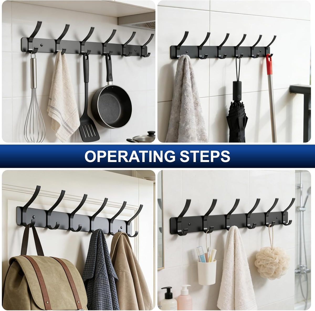 Wall Mounted Coat Rack, 6 Hooks for Hanging Clothes, Black, 2-Pack