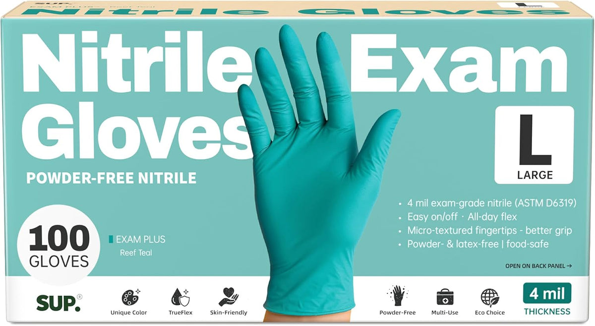 SUP Powder-Free Nitrile Exam Gloves, 100 Count Food Safe Latex-Free Disposable Gloves for Medical Lab Cooking Cleaning, Teal