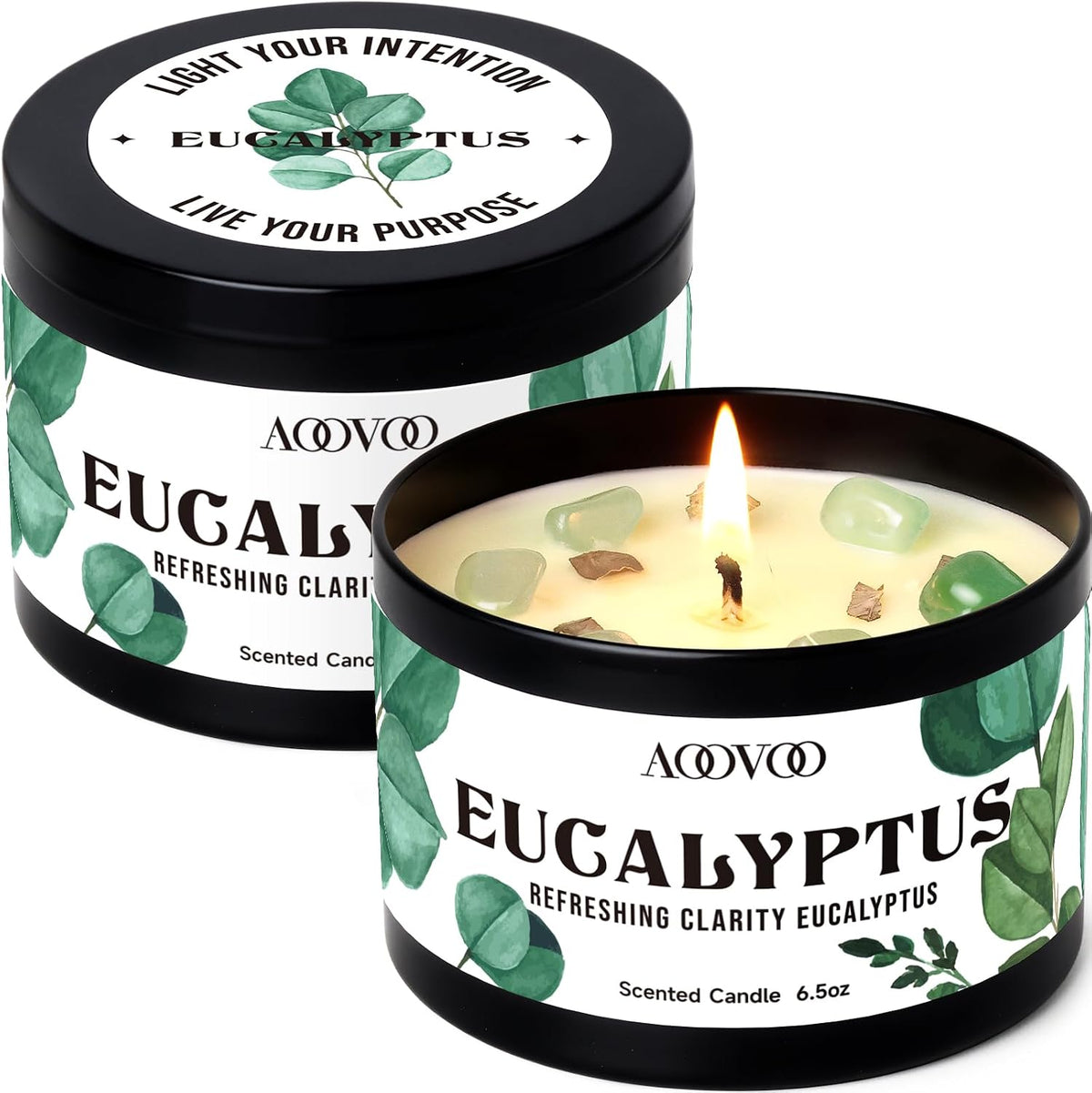 AOOVOO Sage Candle for Cleansing - 3 Wick 12oz Large Scented Candle with Crystals & Sage Leaves Inside, Soy Candles Non Toxic for Meditation Spiritual Gift, Aromatherapy Candle for Women Men