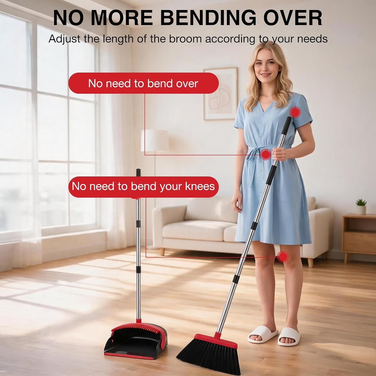NACENA Broom and Dustpan Set, 52-in Long Adjustable Handle Broom Dustpan Combo with Dustpan Teeth to Automatically Clean Hair Suitable for Home Kitchen Office Hall Floor (Black&Red), 2 Pack