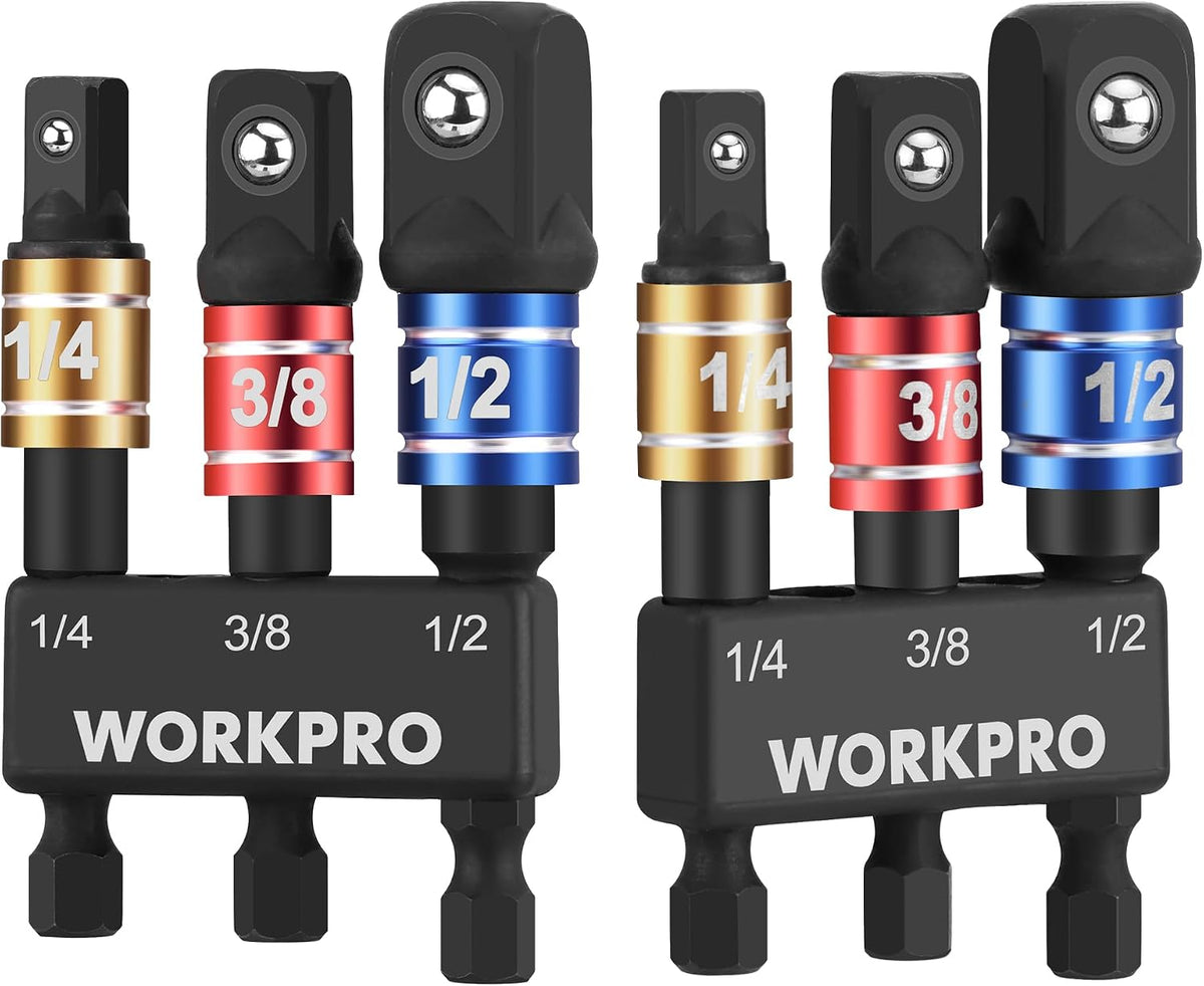 WORKPRO Impact Grade Socket Adapter Set, 1/4", 3/8", & 1/2" Drive, Extension Driver Bit With Holder, for Power Drill to High Torque Impact Wrench, 3PCS