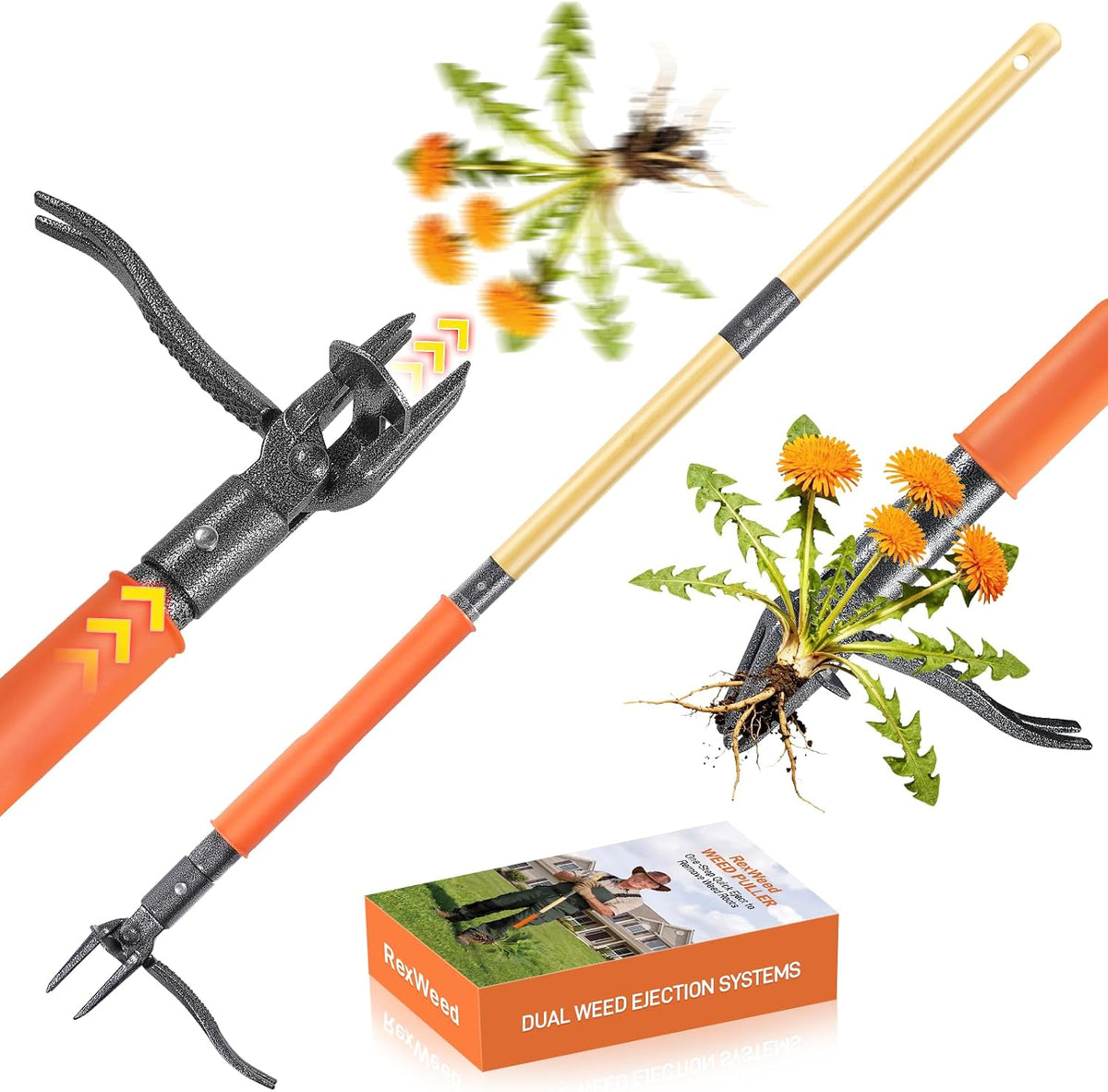 Weed Puller Tool, Stand Up Heavy Duty Weed Remover Tool with Long Handle – 4-Claw Steel Head Weeder for Dandelions, Bamboo Garden Hand Weeding Tool, No Kneeling for Easy Root Removal