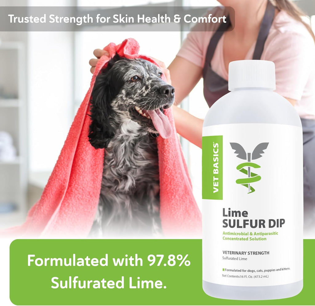 Vet Basics Lime Sulfur Dip – Skin Itch Relief Concentrated Antimicrobial & Antiparasitic Solution for Dogs, Cats, Puppies, Kittens & Horses, Helps Manage Ringworm, Mange, Skin Irritation, 16oz