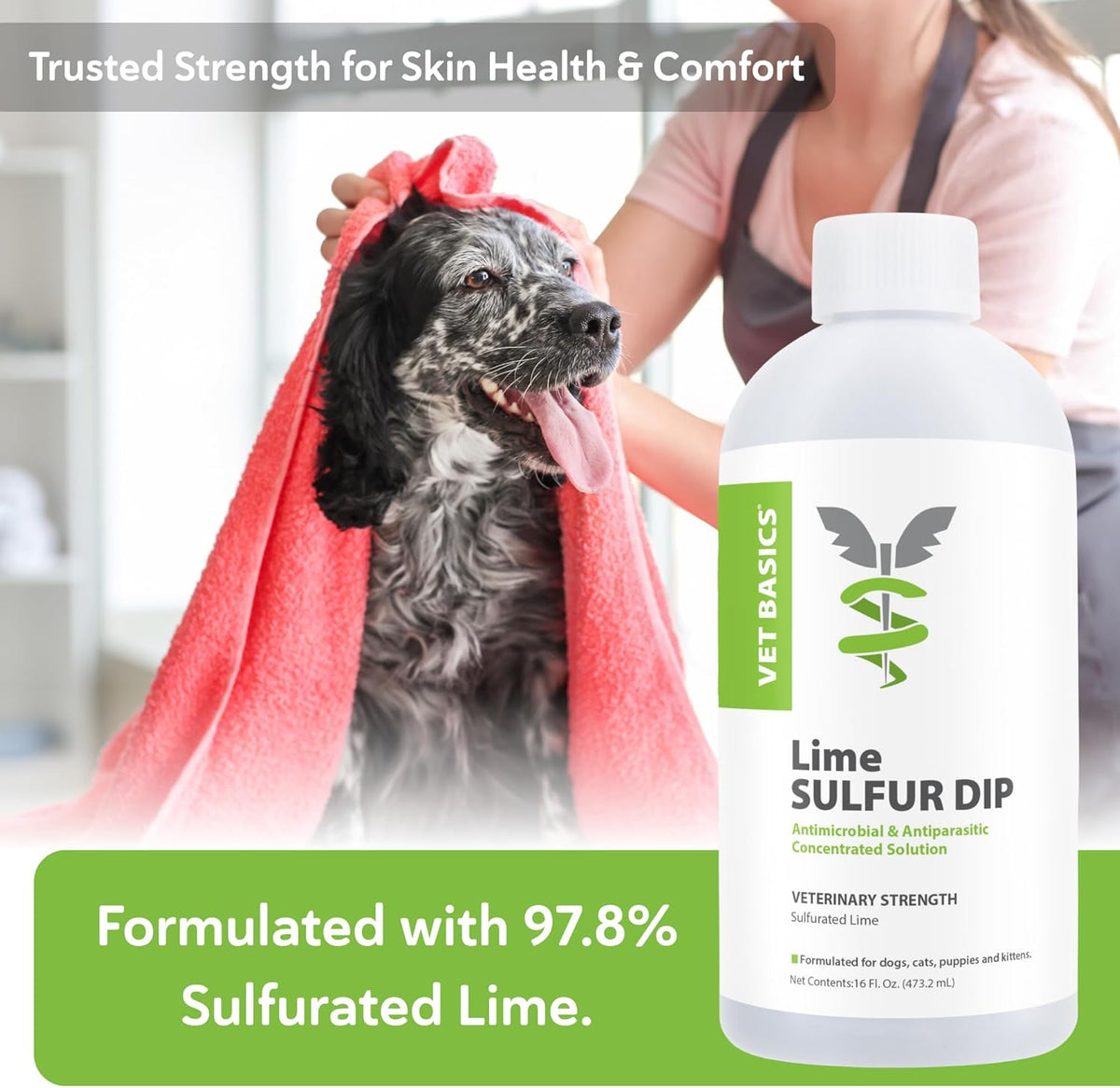 Vet Basics Lime Sulfur Dip – Skin Itch Relief Concentrated Antimicrobial & Antiparasitic Solution for Dogs, Cats, Puppies, Kittens & Horses, Helps Manage Ringworm, Mange, Skin Irritation, 16oz