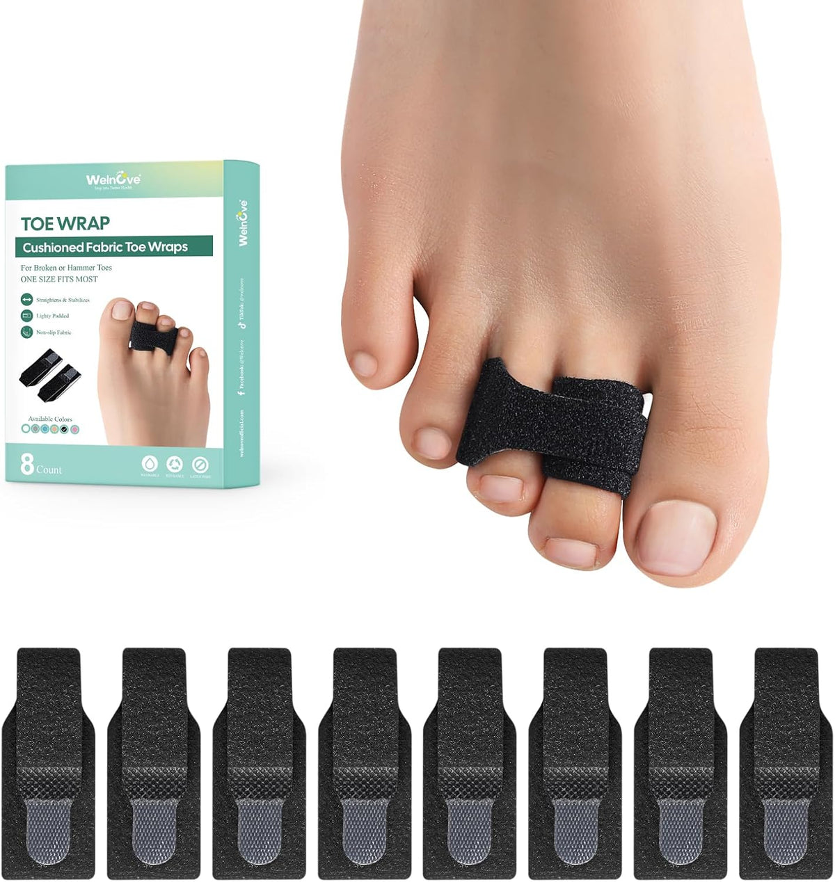 Welnove Hammer Toe Straightener and Corrector - Broken Toe Wraps 8 Ct Large