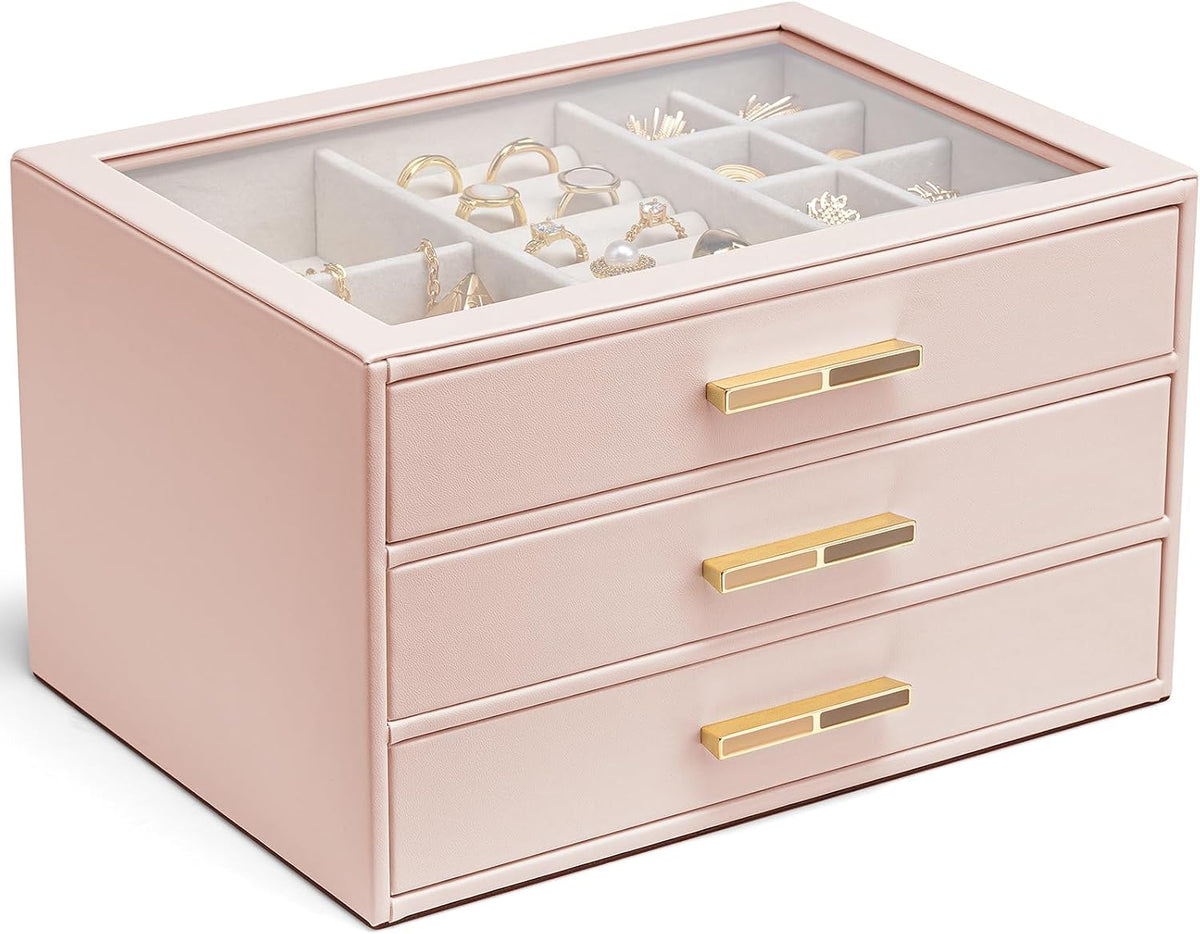 VLANDO Jewelry Box Organizer, 3-Layer Storage Drawers, Glass Window, Modern