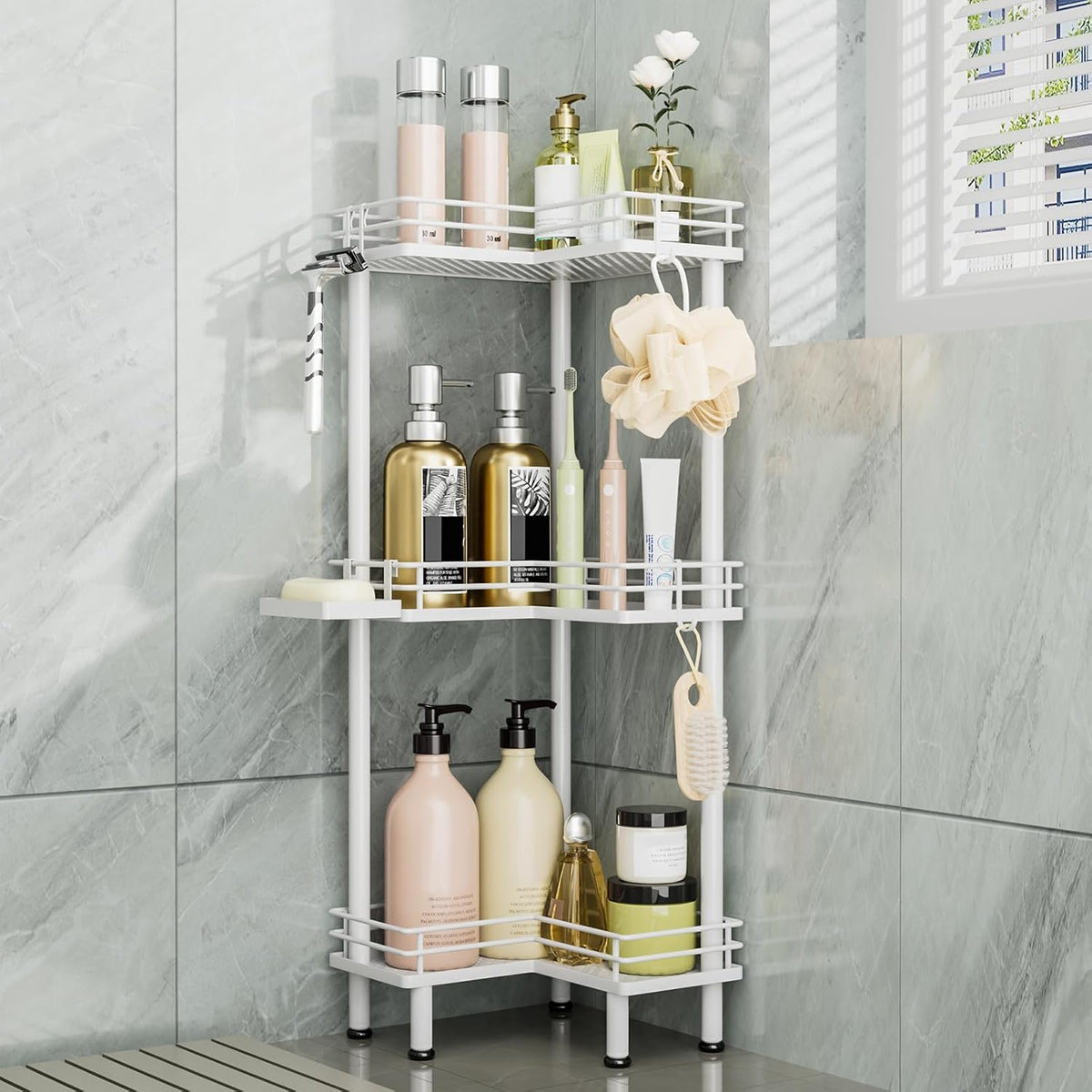 Consumest Corner Shower Caddy Standing - 3-Tier Stainless Steel Shower Organizer with Soap Holder and 4 Hooks, Large Capacity Corner Shelf Stand for Bathroom, Rest Room, Black