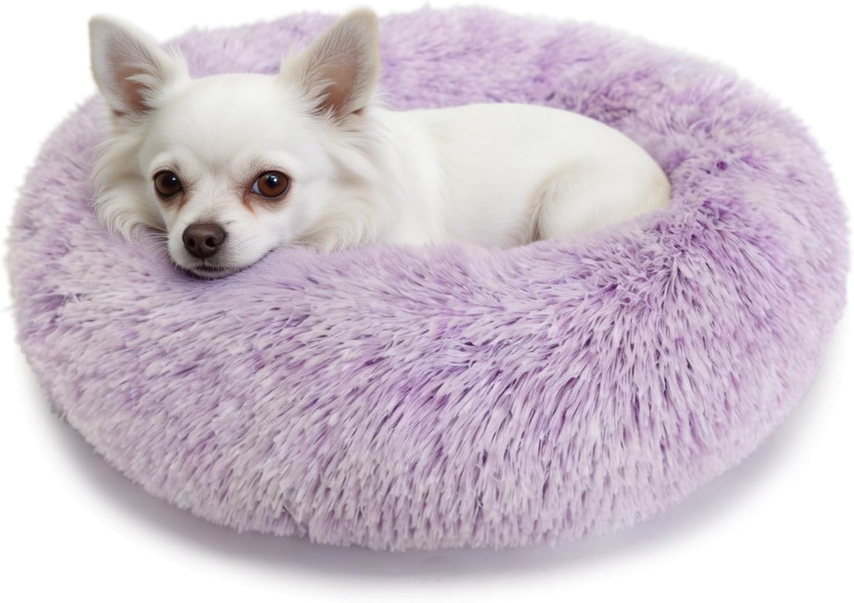 Small Calming Dogs Bed for Small Dogs Anti-Anxiety Machine Washable Fluffy Luxury Anti-Slip Waterproof Mute Base Warming Cozy Soft Pet Puppy Round Bed