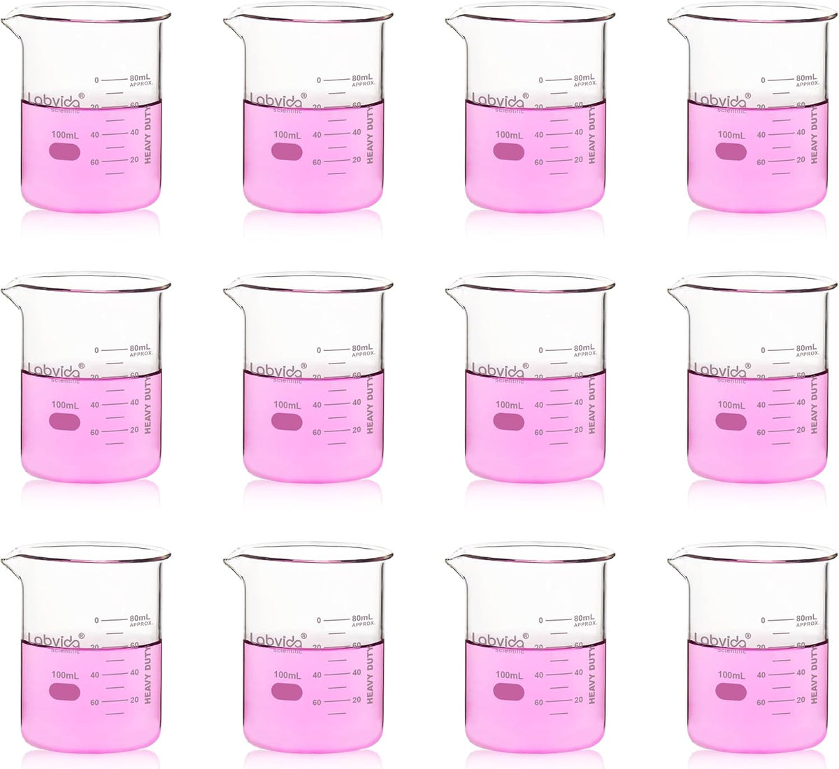 Upgrated 6 Size Low Form Glass Beaker Set, 25ml 50ml 100ml 250ml 500ml 1000ml, 3.3 Boro Glass beakers with Printed Graduation, LVA019