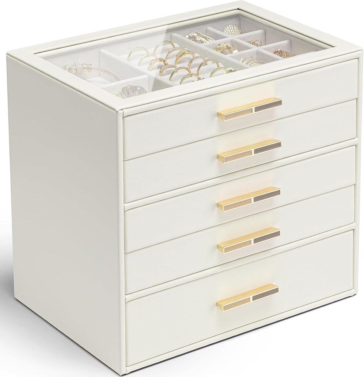 VLANDO Jewelry Box Organizer, 3-Layer Storage Drawers, Glass Window, Modern