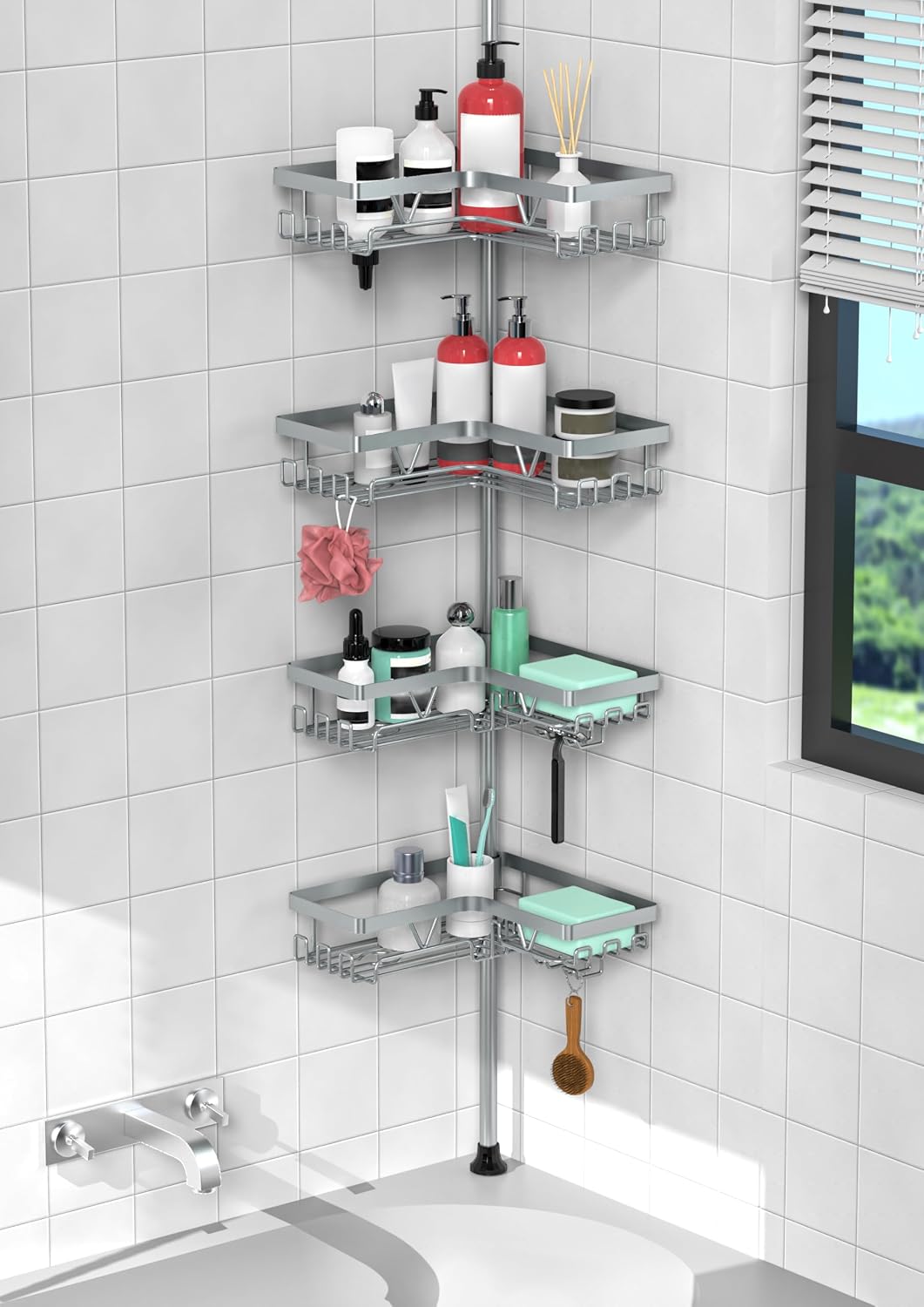 KEGII Corner Shower Caddy Tension Pole, Large Capacity Bathroom Organizer