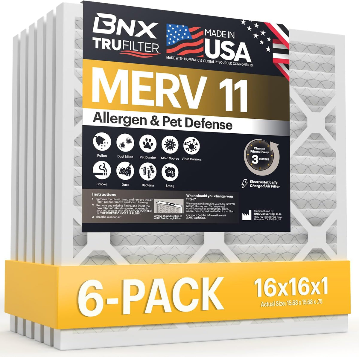 BNX TruFilter 20x20x1 Air Filter MERV 11 (6-Pack) - MADE IN USA - Allergen Defense Electrostatic Pleated Air Conditioner HVAC AC Furnace Filters for Allergies, Dust, Pet, Smoke, Allergy MPR 1200 FPR 7