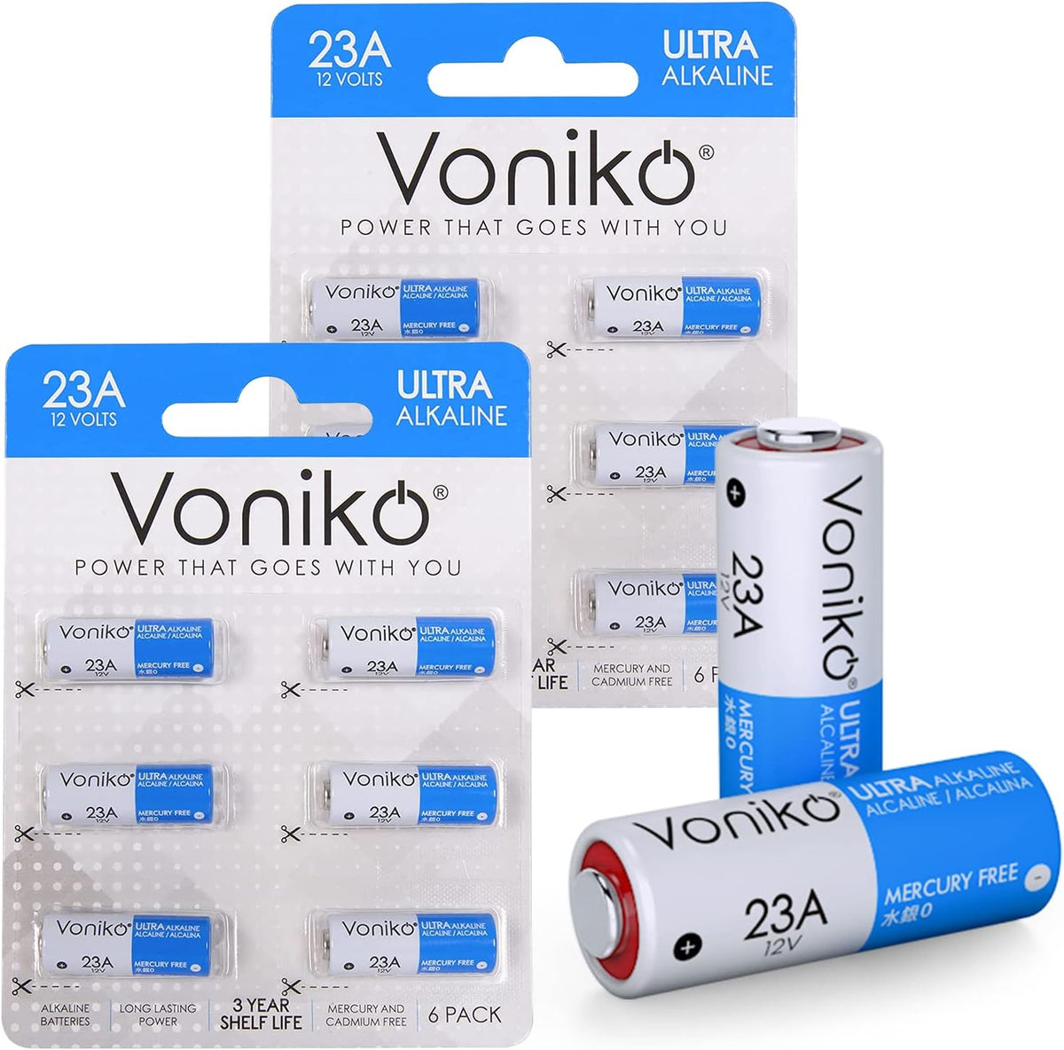 Voniko Alkaline Battery 23A - Ultra 23A Batteries (6-Pack) - Long Lasting 12 Volt A23 Battery for Doorbells and Power Remote