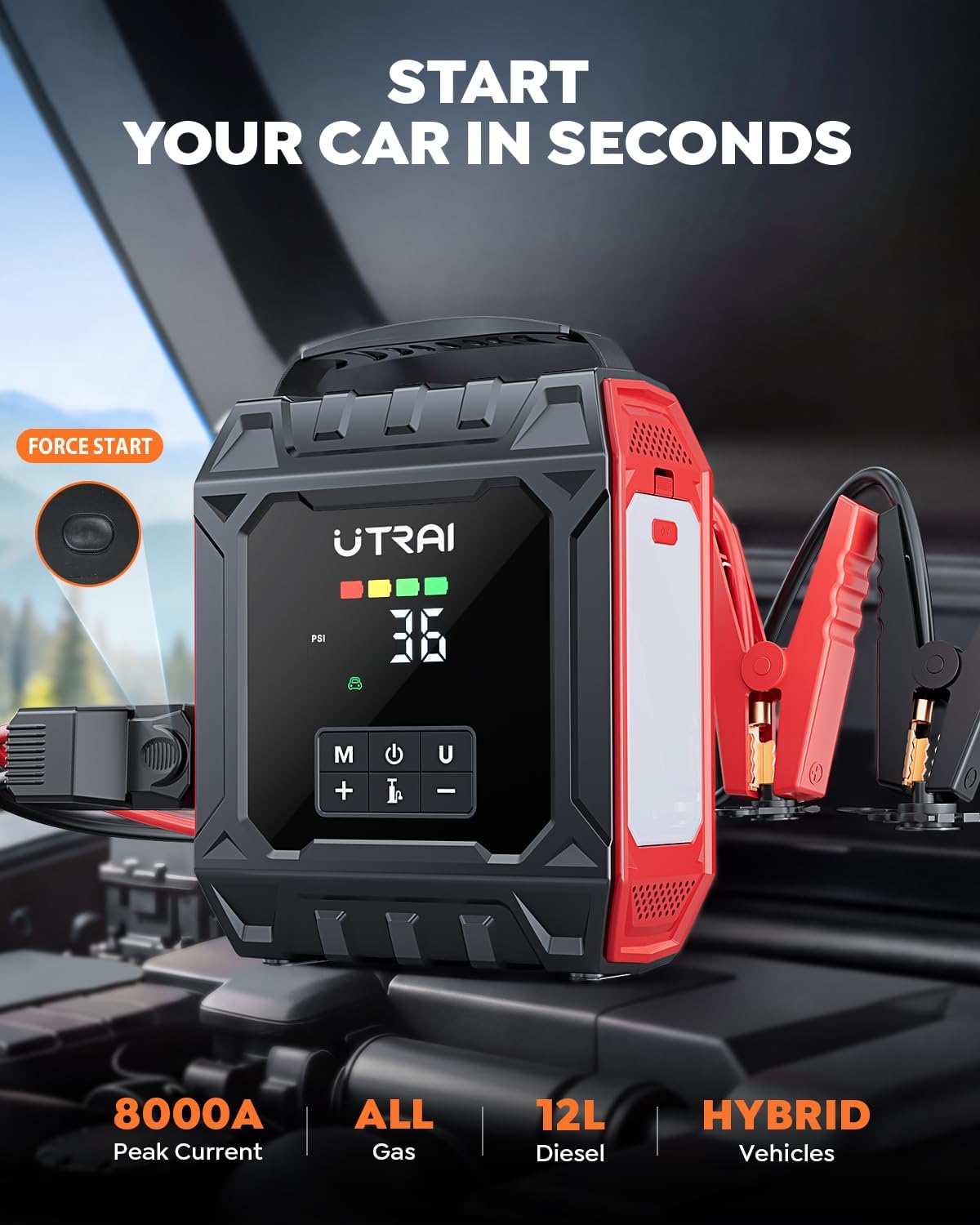 UTRAI 8000A Jump Starter with Air Compressor 160PSI for All Gas/12L Diesel