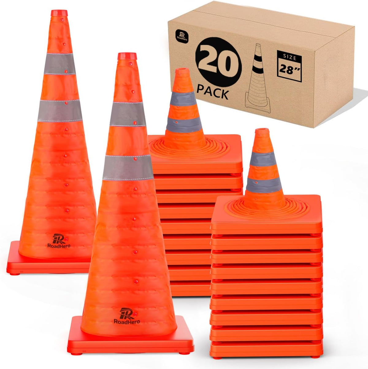 RoadHero 28 Inch 4 Pack Collapsible Traffic Safety Cones with Bag, Orange