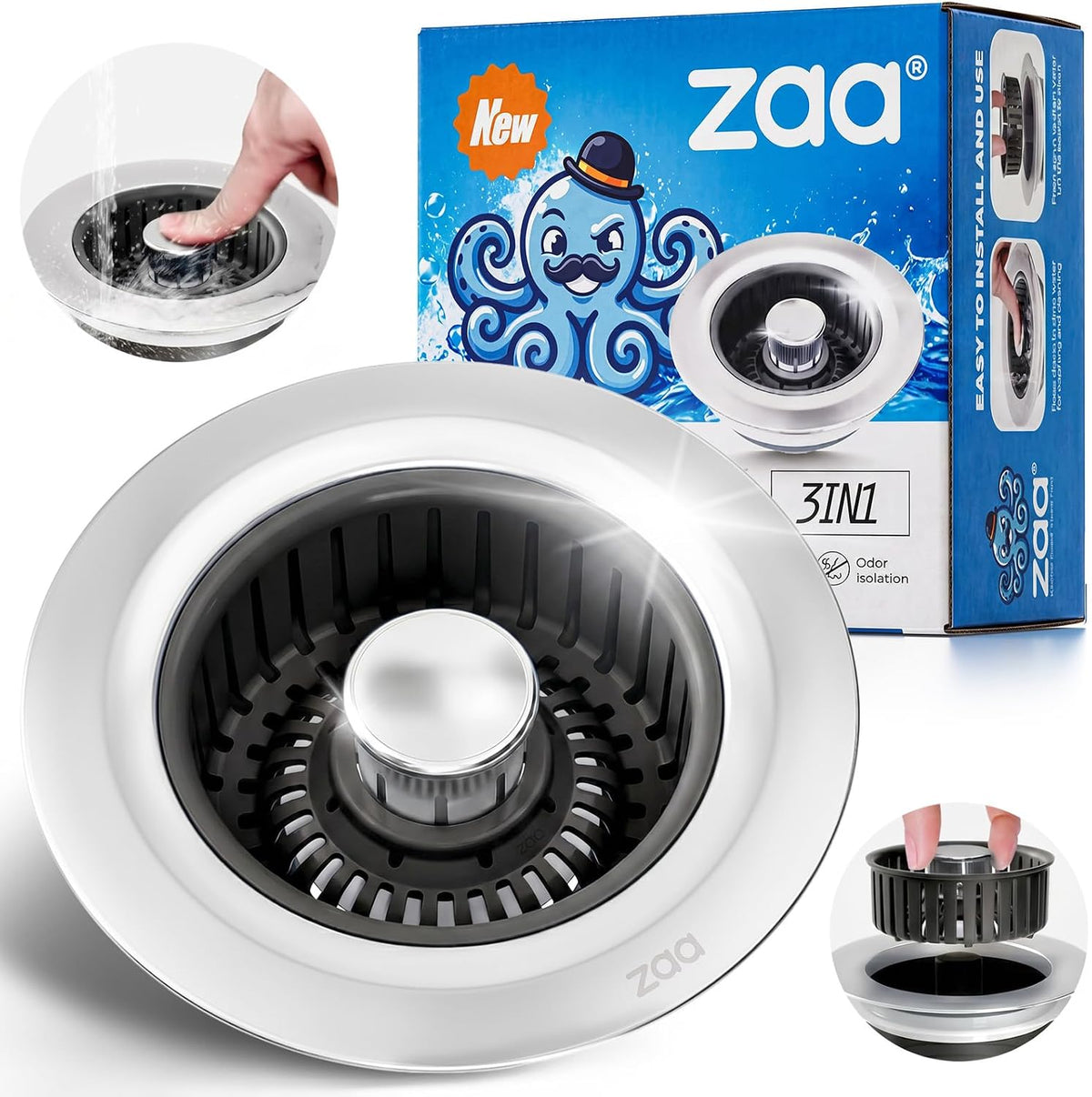 zaa 3 in 1 Kitchen Sink Drain Strainer Stopper Removable Basket Pop-Up