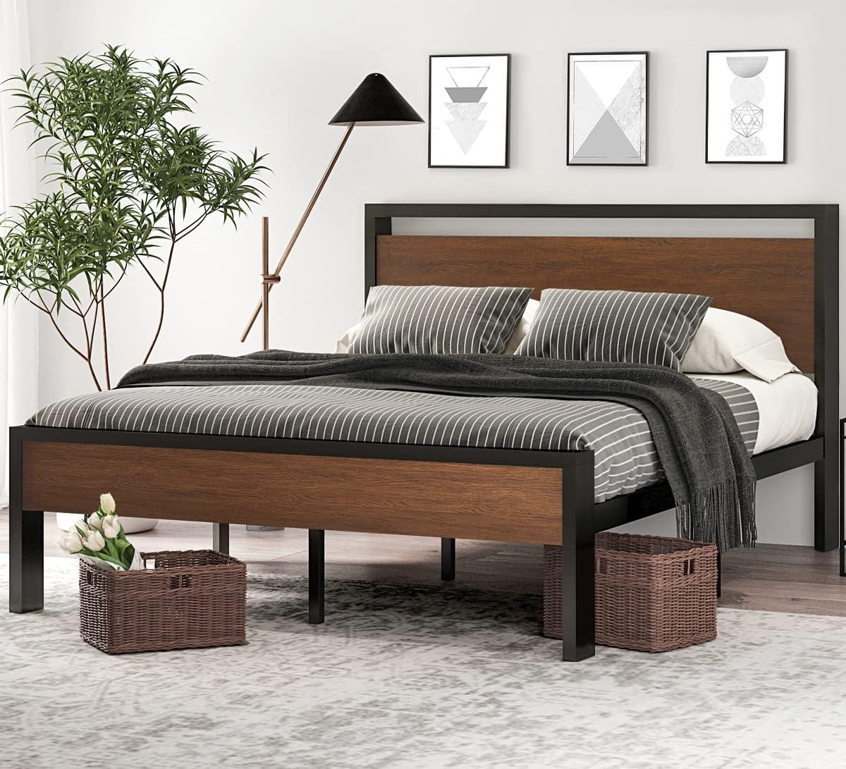 SHA CERLIN Full Size Bed Frame, Wooden Headboard and Footboard, Black Oak