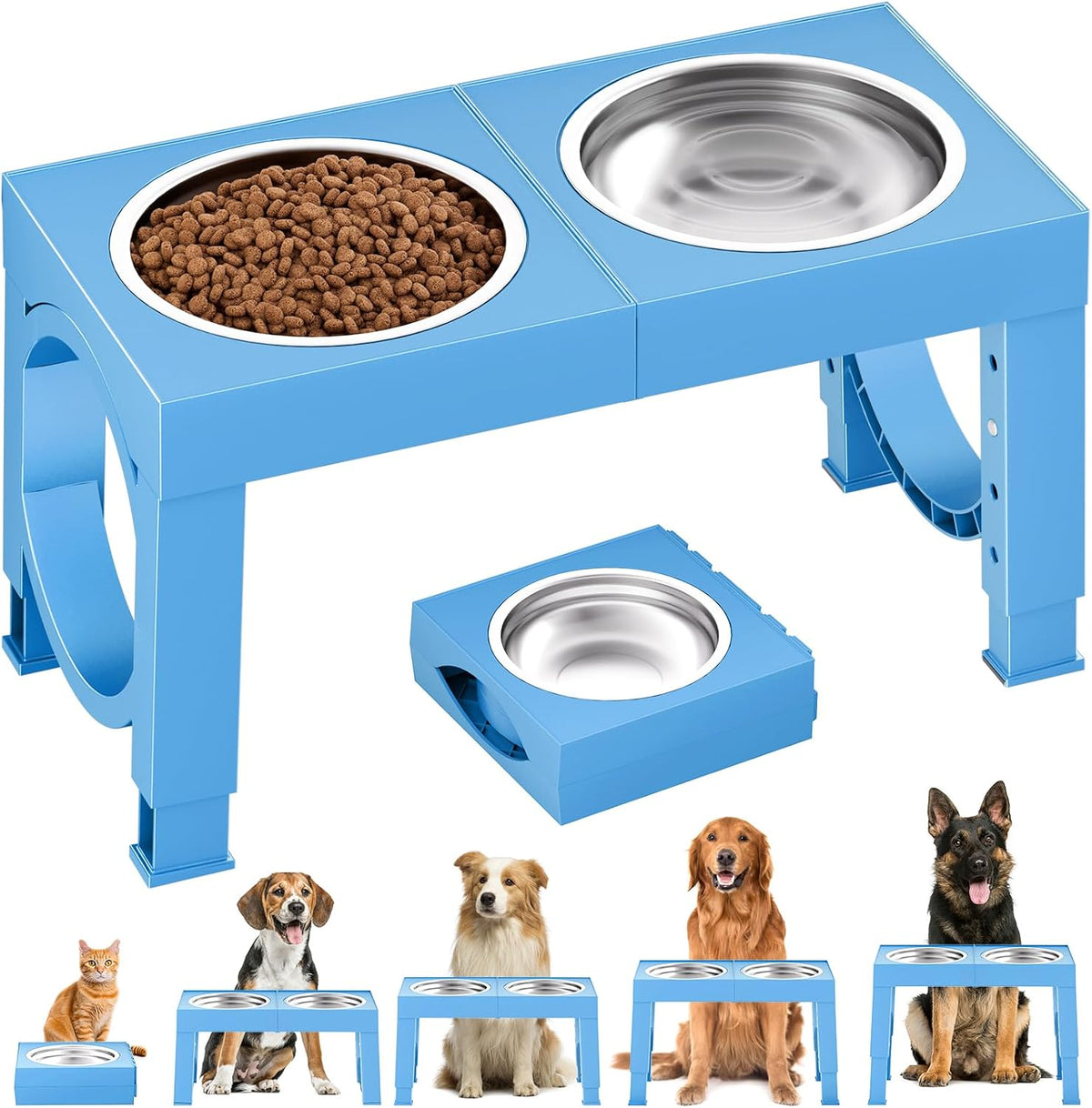 XIAZ Elevated Dog Bowls Large Breed Raised Dogs Bowl Stand Large/Medium Sized Dog Stainless Steel Food Water Bowl Stands 5 Heights Adjustable 9/11/12/14in Black Pet Feeder Dish Station